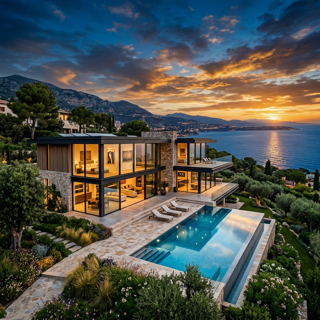 Luxury modern villa at sunset